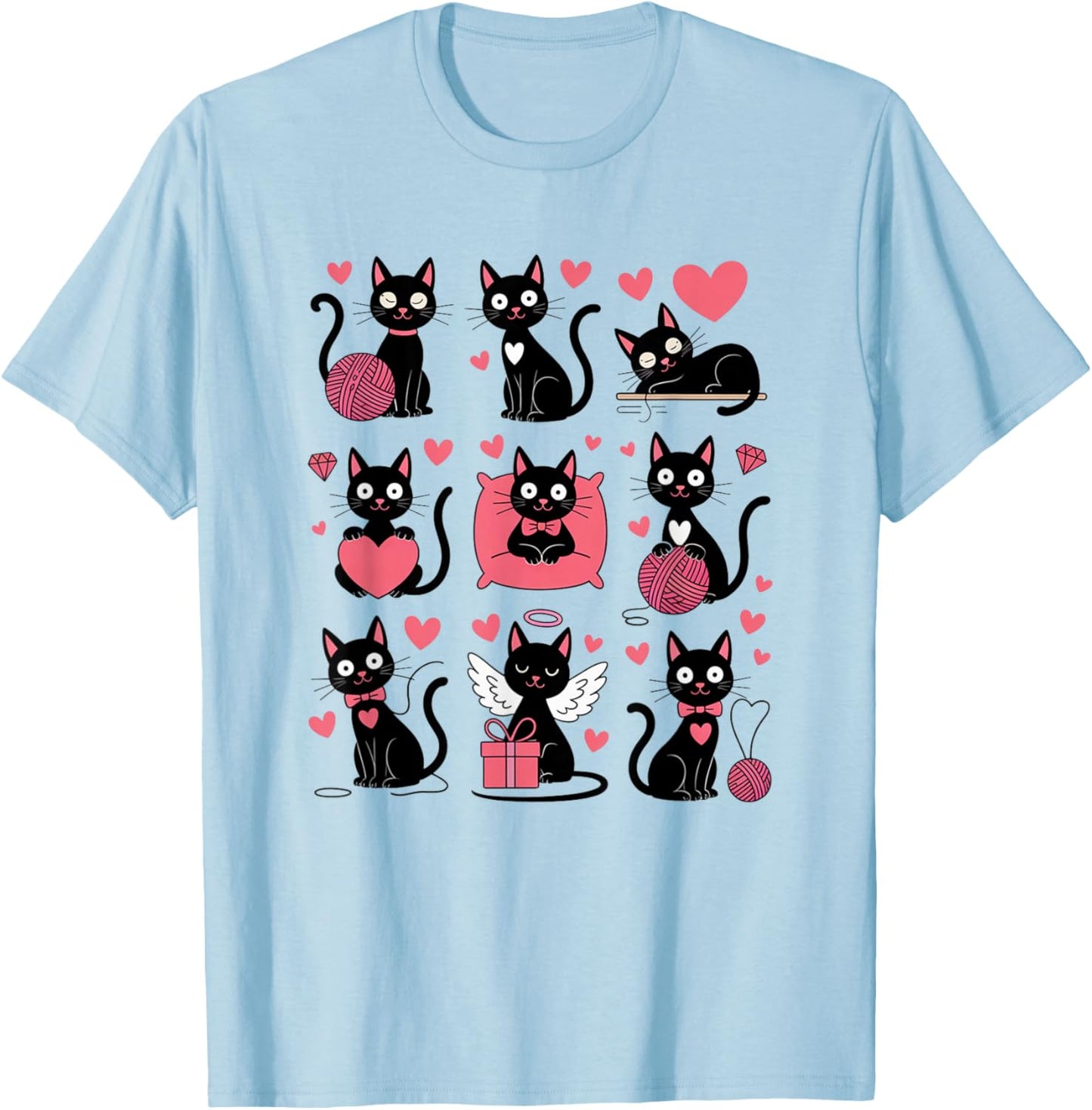 Funny Cats and Hearts Valentines Day Themed Cat T-Shirt - T-Shirt | Light Blue