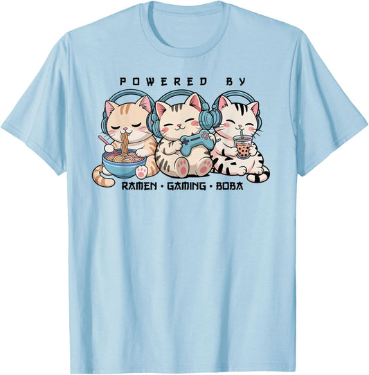 Gaming Cats Powered by Gaming & Rame Gamer Kawaii Cats T-Shirt - T-Shirt | Light Blue