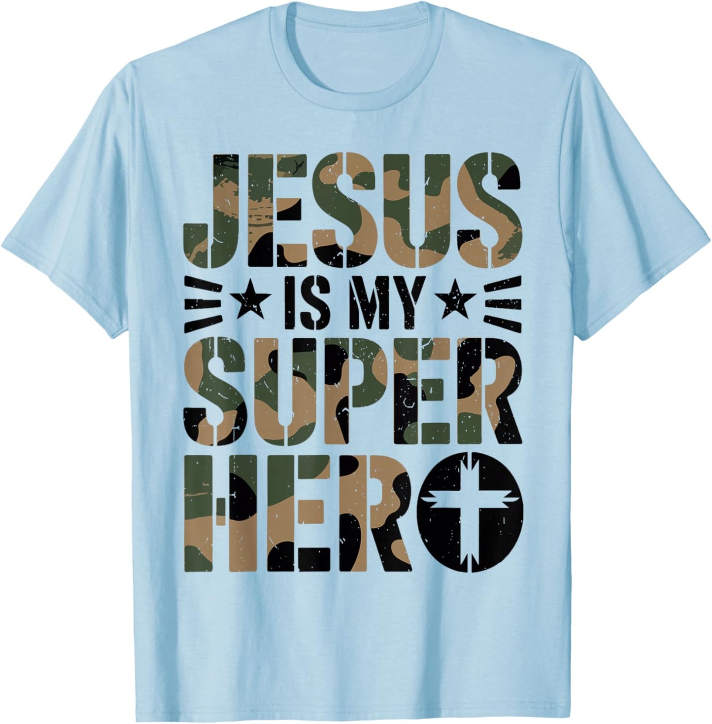 Toddler Camo Jesus is My Superhero Christian Camouflage Boys T-Shirt - T-Shirt | Light Blue