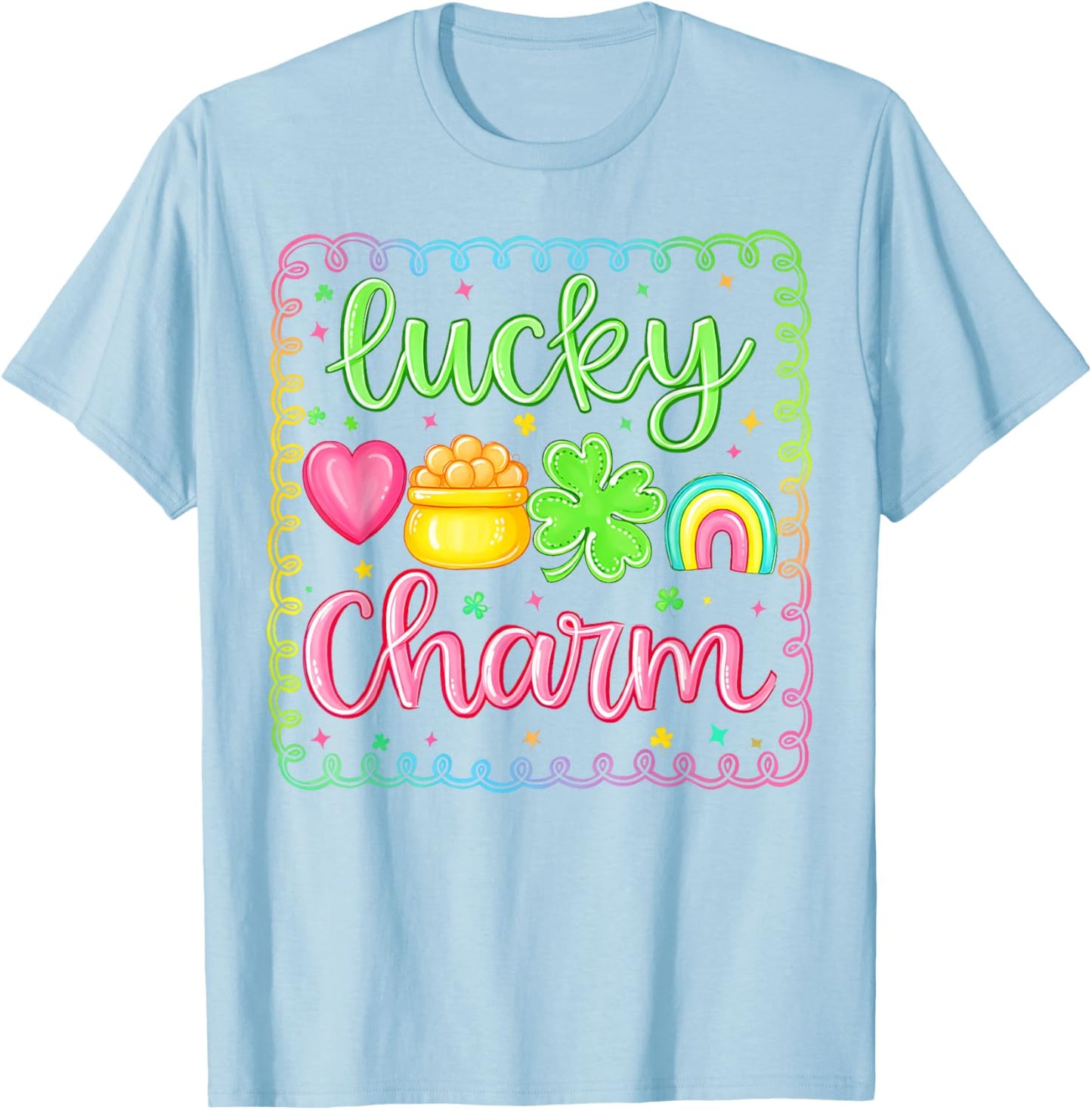 Lucky Charm St Patrick Rainbow Clover Gold Pot Hearts Girls T-Shirt - T-Shirt | Light Blue