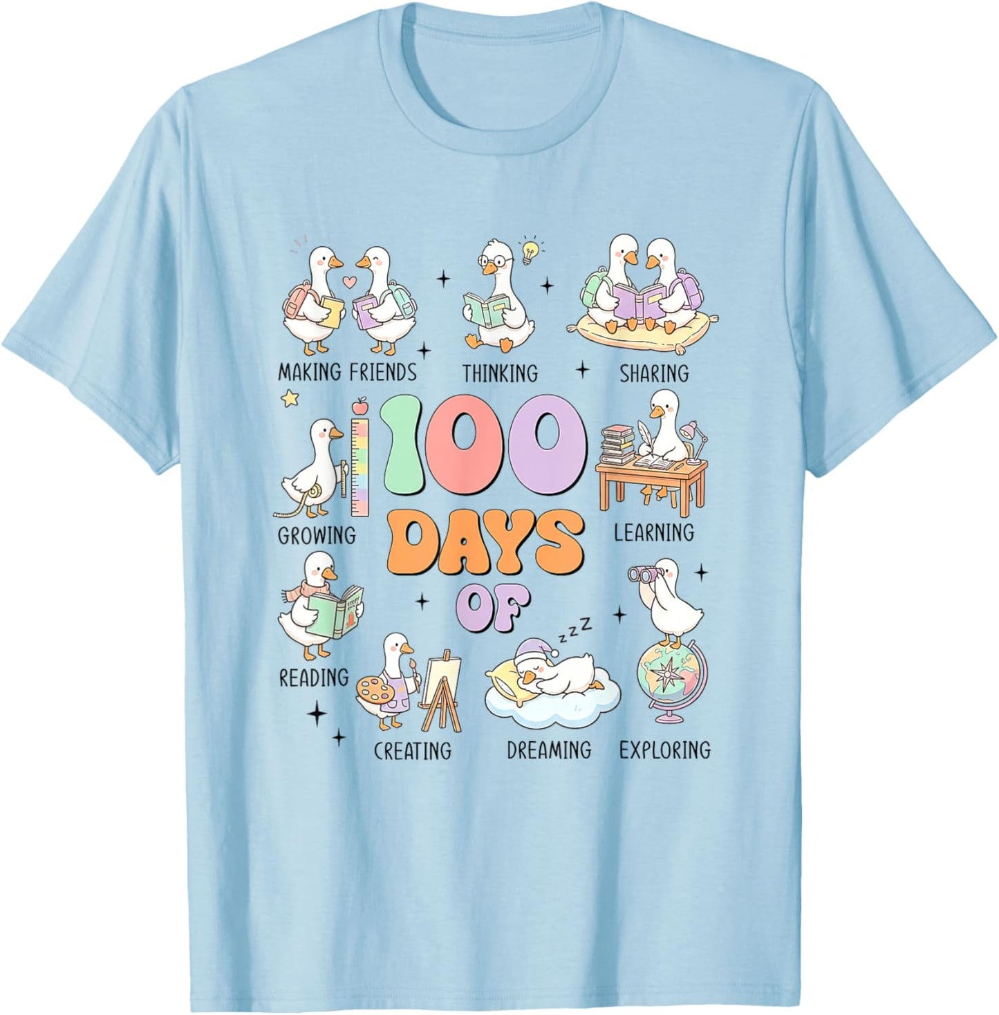 100 Days of School Silly-Goose Teacher Girl Kid 100th Day T-Shirt - T-Shirt | Light Blue