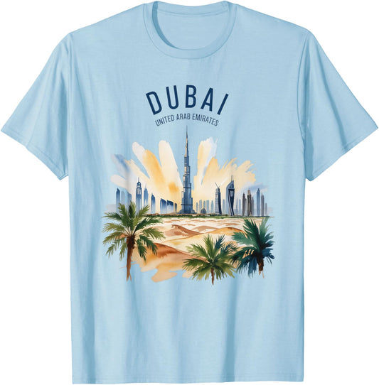 Dubai Skyline Vintage Watercolor Scenic Nature Travel T-Shirt - T-Shirt | Light Blue