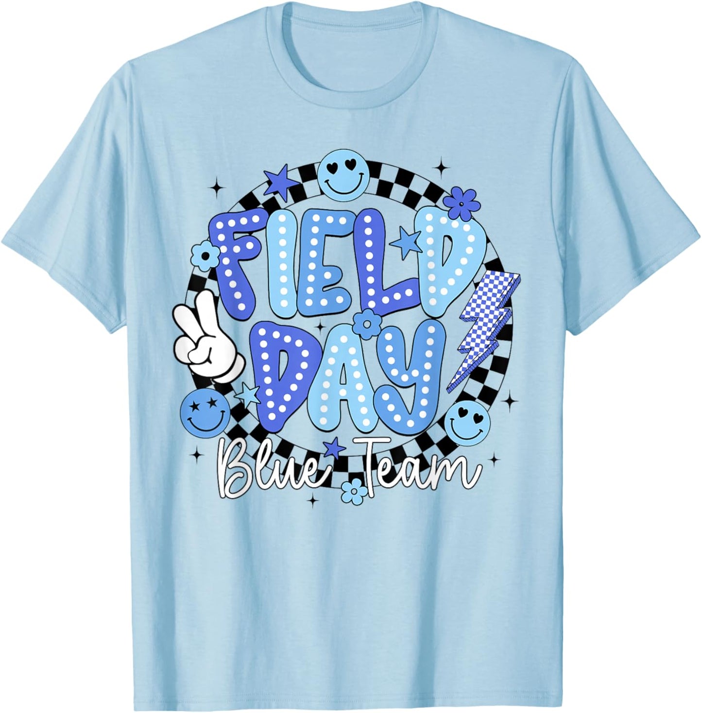 Field Day Blue Team Retro Competiion Smile Face Lightning T-Shirt - T-Shirt | Light Blue