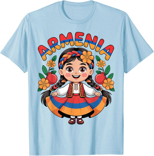 Cute Armenian Girl in Flag Dress with Pomegranates for Kids T-Shirt - T-Shirt | Light Blue