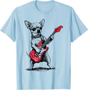 Vintage Chihuahua Rock Funny Dog Playing Guitar Rock Style T-Shirt - T-Shirt | Light Blue