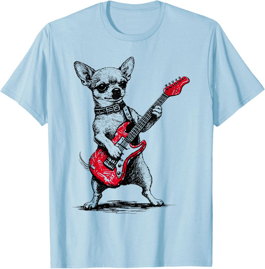 Vintage Chihuahua Rock Funny Dog Playing Guitar Rock Style T-Shirt - T-Shirt | Light Blue