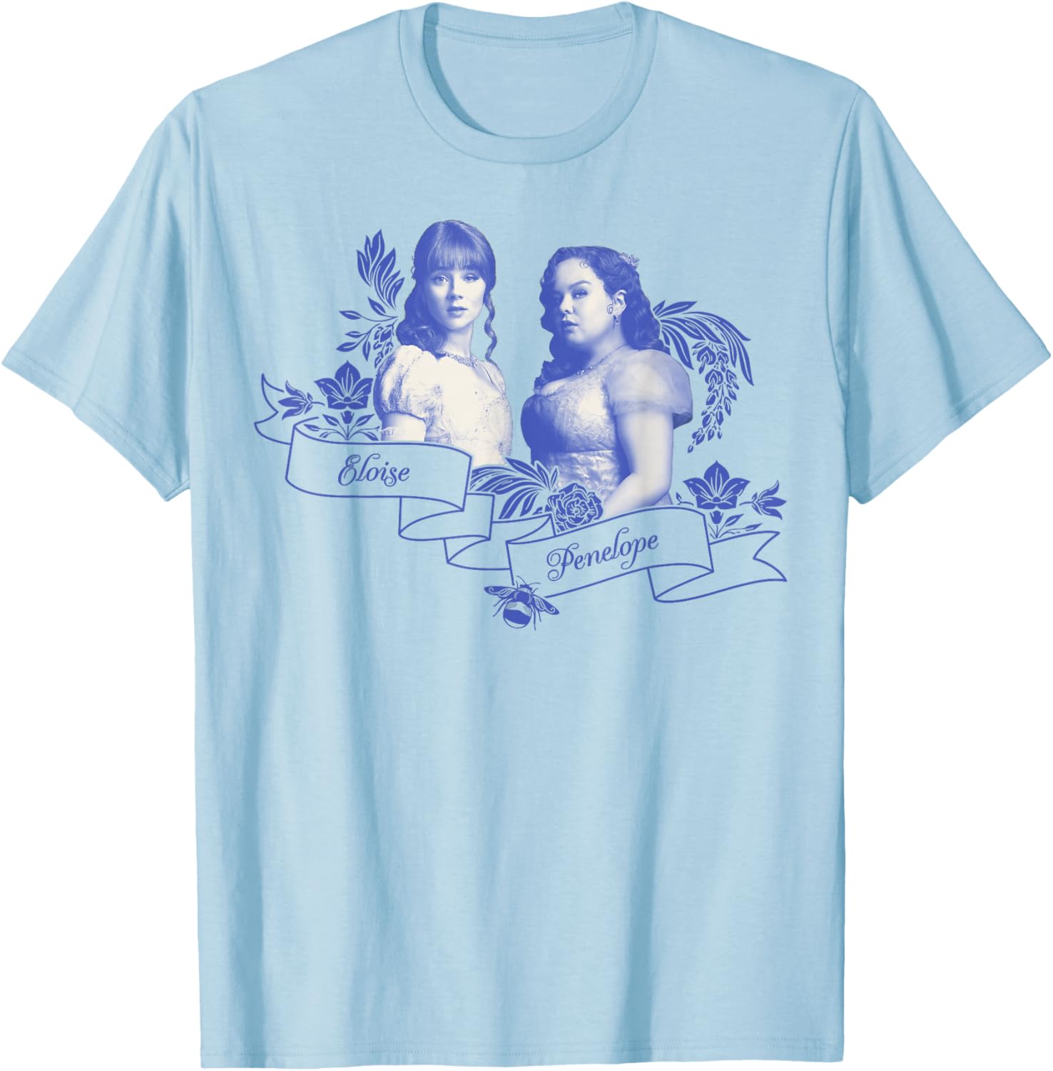 Bridgerton Eloise Bridgerton & Penelope Behind Floral Banner T-Shirt - T-Shirt | Light Blue