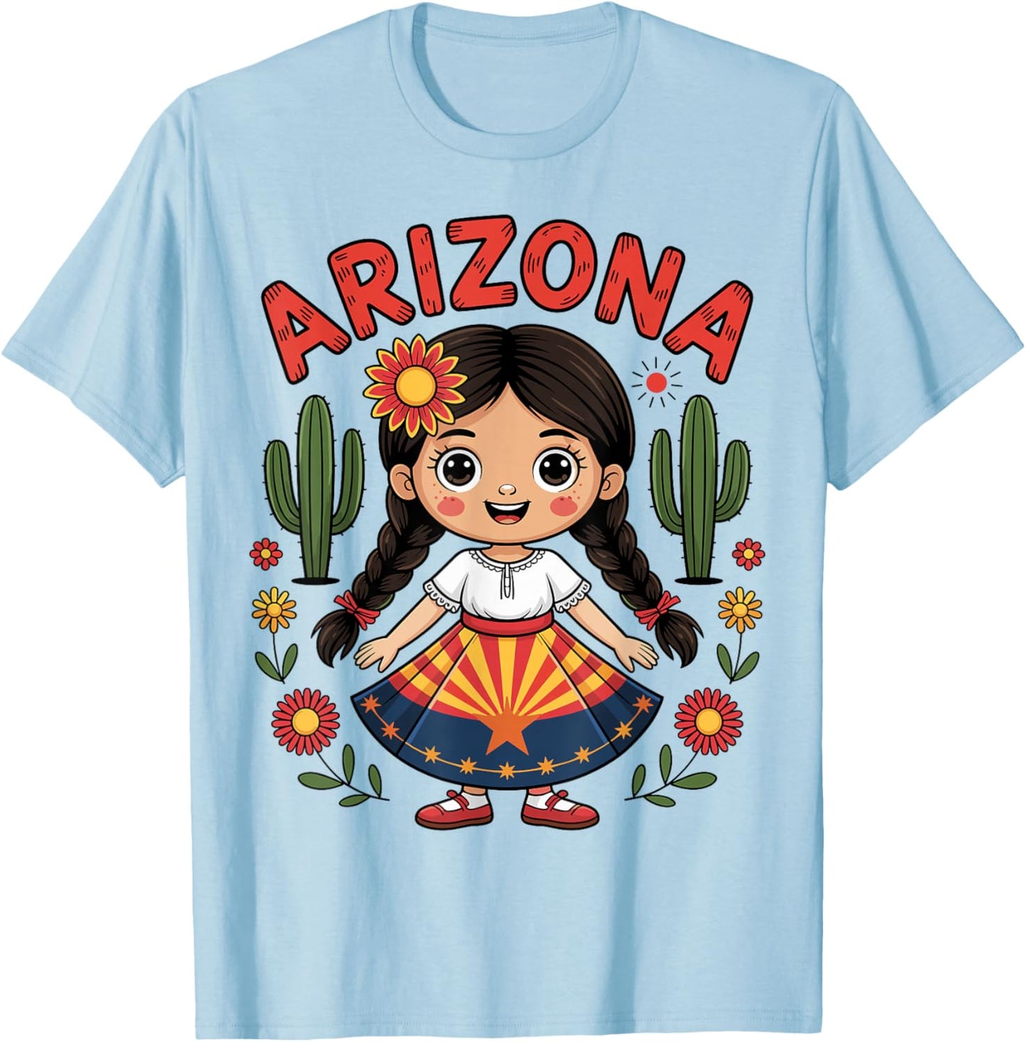 Cute Arizona Girl in State Flag Dress and Cactus for Kids T-Shirt - T-Shirt | Light Blue