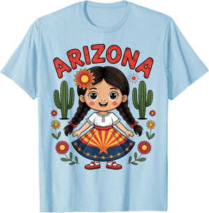Cute Arizona Girl in State Flag Dress and Cactus for Kids T-Shirt - T-Shirt | Light Blue