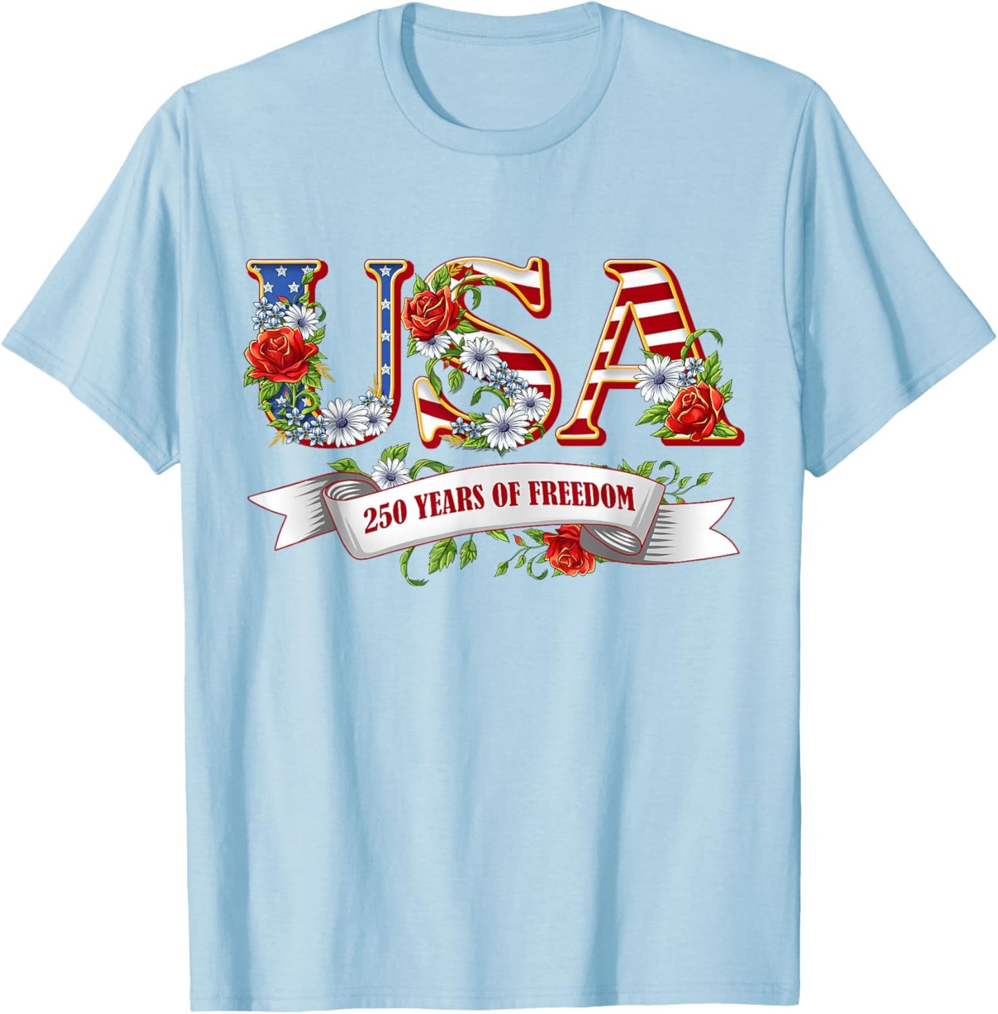 USA 250 Years of Freedom Patriotic Wildflower 4th of July T-Shirt - T-Shirt | Light Blue