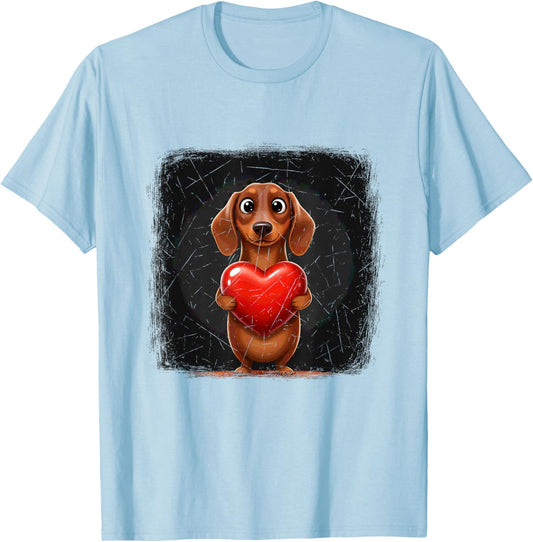 Dachshund Shy Holding a Heart Valentines Day T-Shirt - T-Shirt | Light Blue