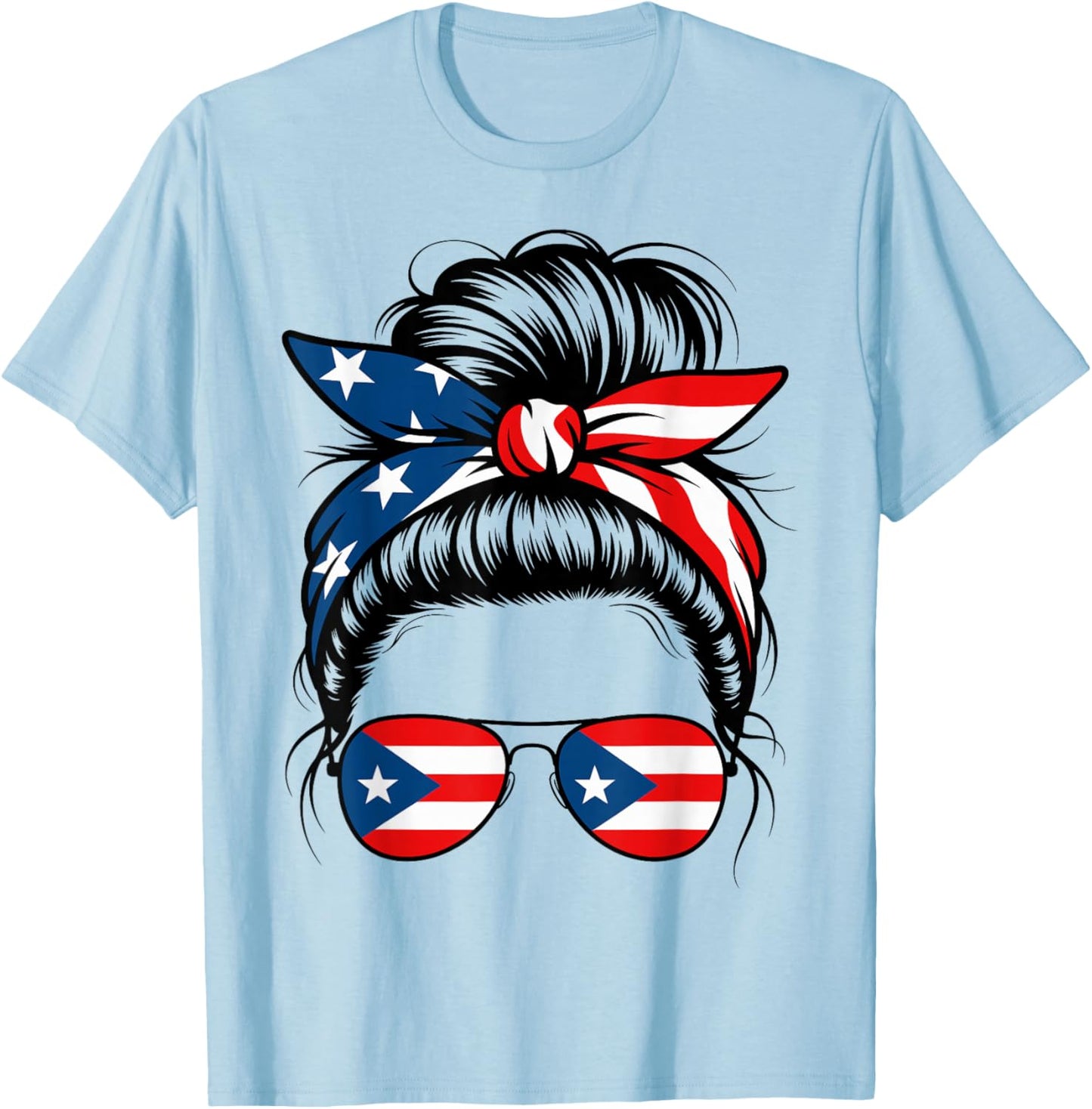 Puerto Rico Girl Messy Bun Sunglasses Patriotic Design T-Shirt - T-Shirt | Light Blue
