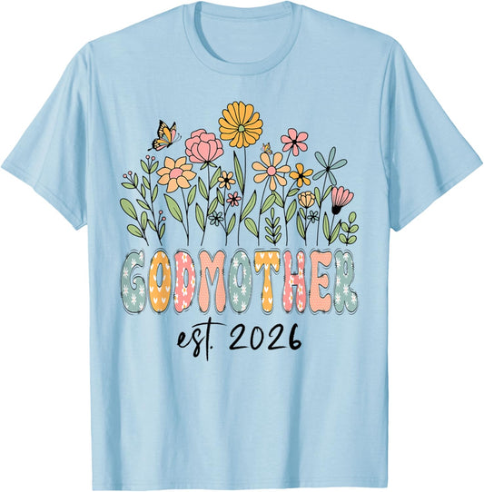 Godmother Est. 2026 Wildflower Promoted to Godmother T-Shirt - T-Shirt | Light Blue