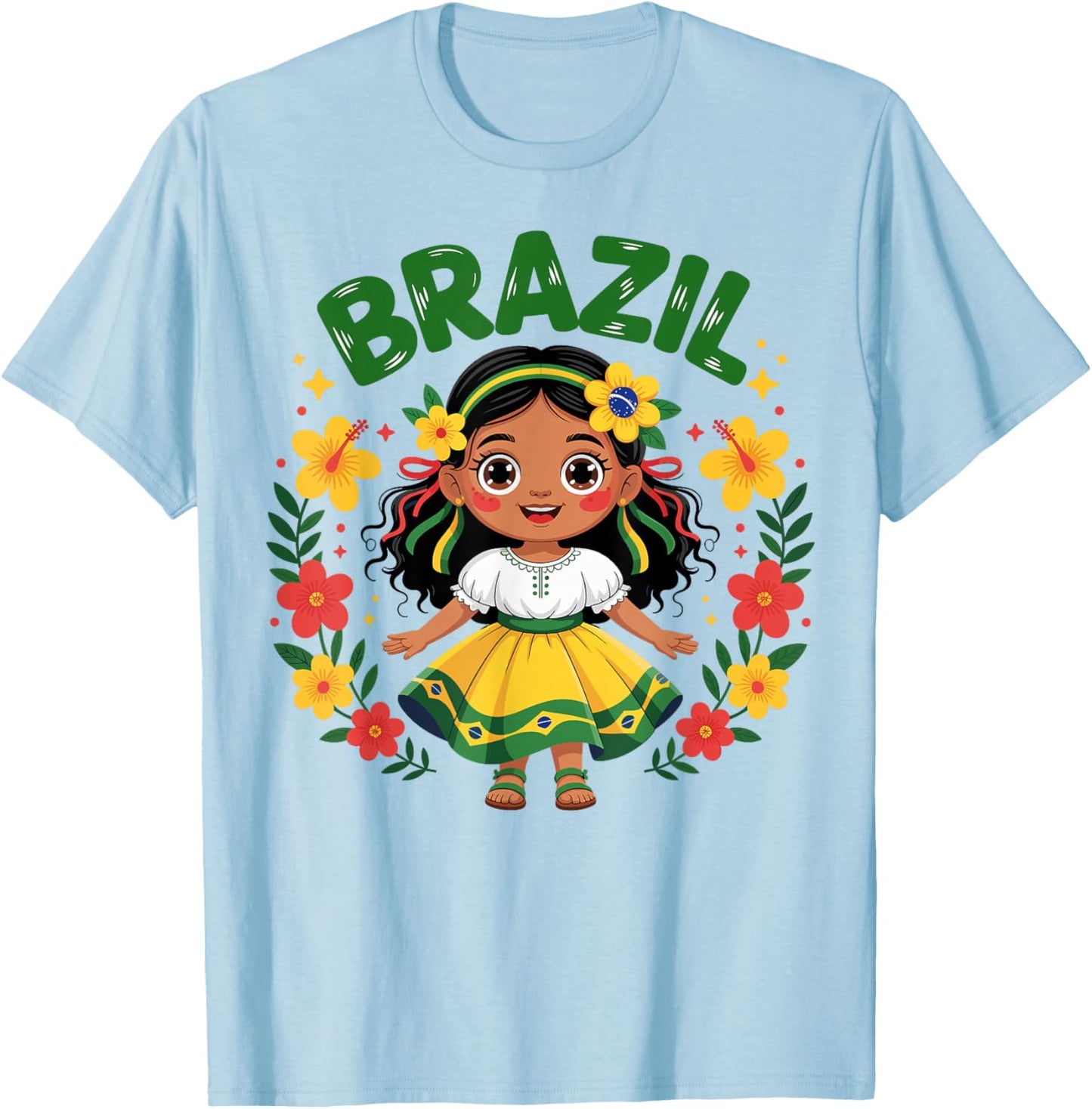 Cute Brazil Girl Traditional Dress Flag Colors Art for Kids T-Shirt - T-Shirt | Light Blue