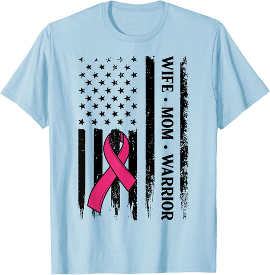 Breast Cancer Awareness Wife Mom Warrior US Flag Pink Ribbon T-Shirt - T-Shirt | Light Blue