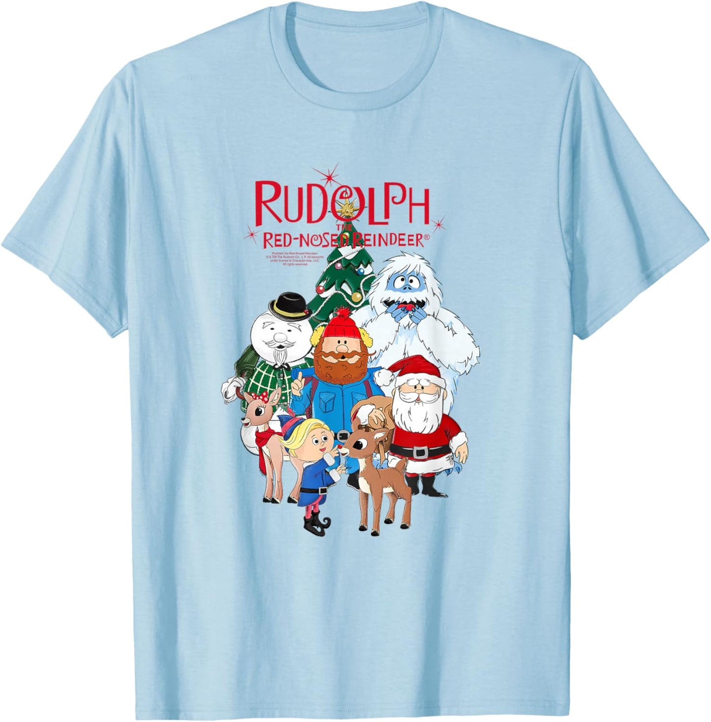 Rudolph Characters with Christmas Tree Retro Holiday T-Shirt - T-Shirt | Light Blue