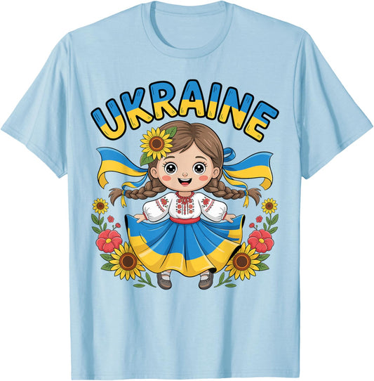 Cute Ukraine Girl Traditional Outfit with Sunflowers Kids T-Shirt - T-Shirt | Light Blue