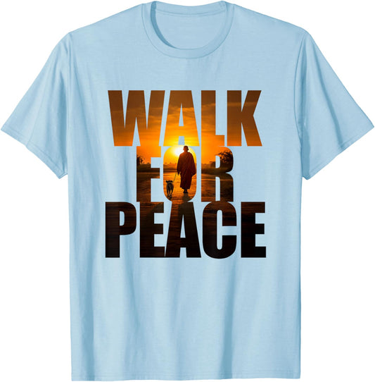 Walk for Peace – Monk with Aloka Dog Sunset Color Graphic T-Shirt - T-Shirt | Light Blue