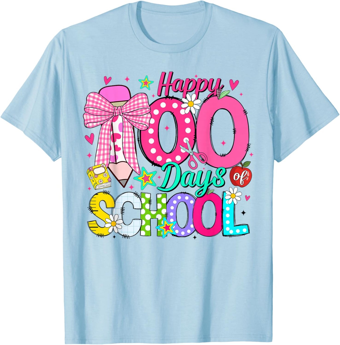 100th Day of School Coquette Bow Girls Teachers Classroom T-Shirt - T-Shirt | Light Blue
