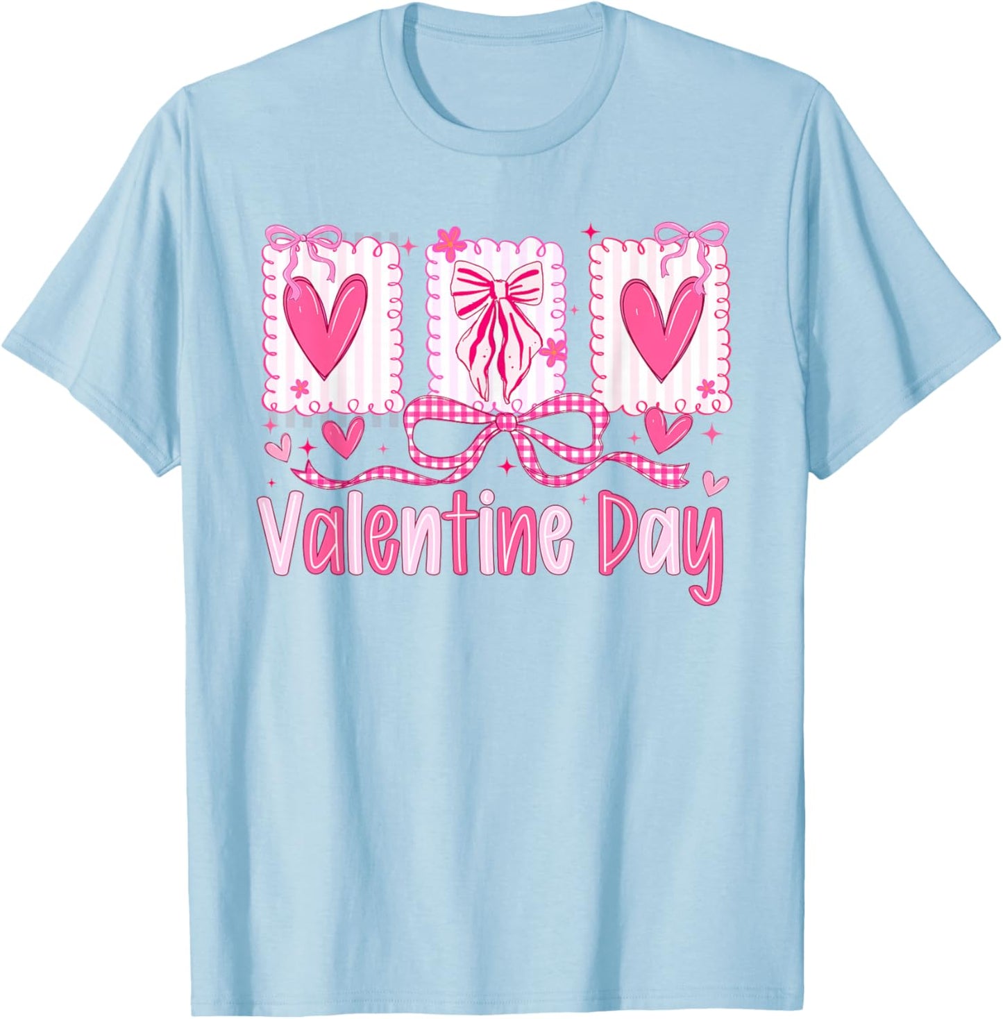 Valentines Day Preppy Hearts Coquette Bow Women Girls T-Shirt - T-Shirt | Light Blue