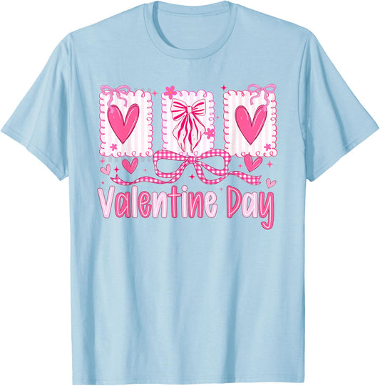 Valentines Day Preppy Hearts Coquette Bow Women Girls T-Shirt - T-Shirt | Light Blue