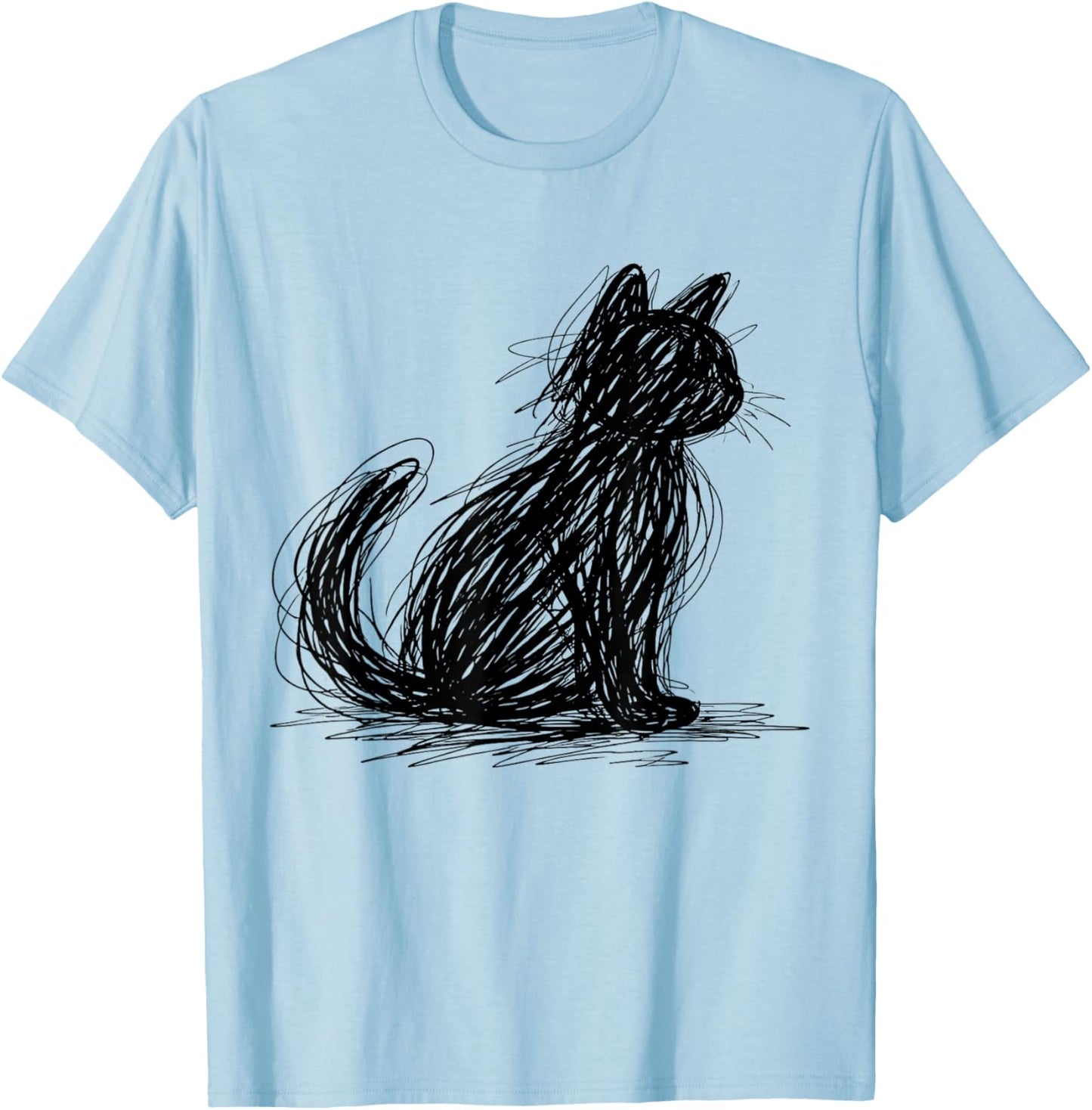 Scribble Cat Minimal Line Art Japanese T-Shirt - T-Shirt | Light Blue