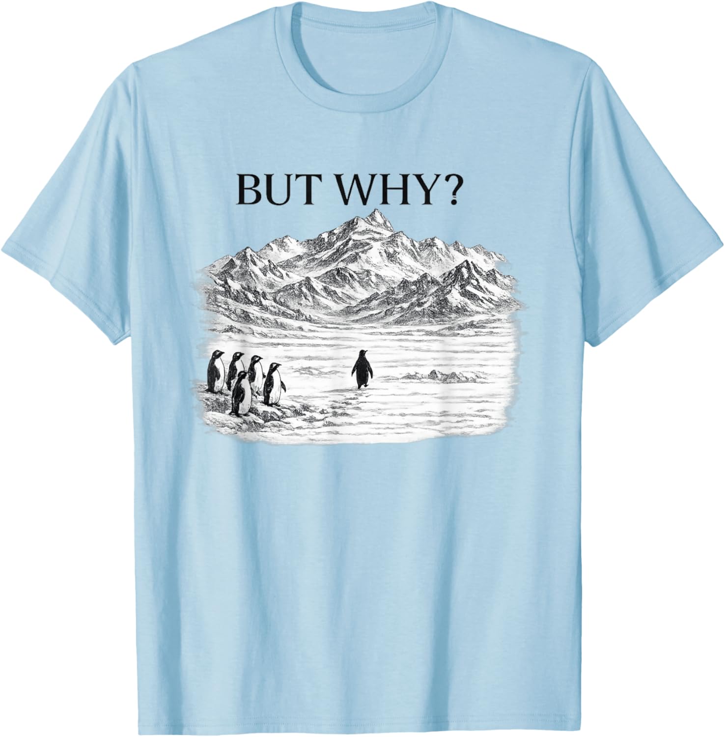 Penguin Meme But Why Mountains T-Shirt - T-Shirt | Light Blue