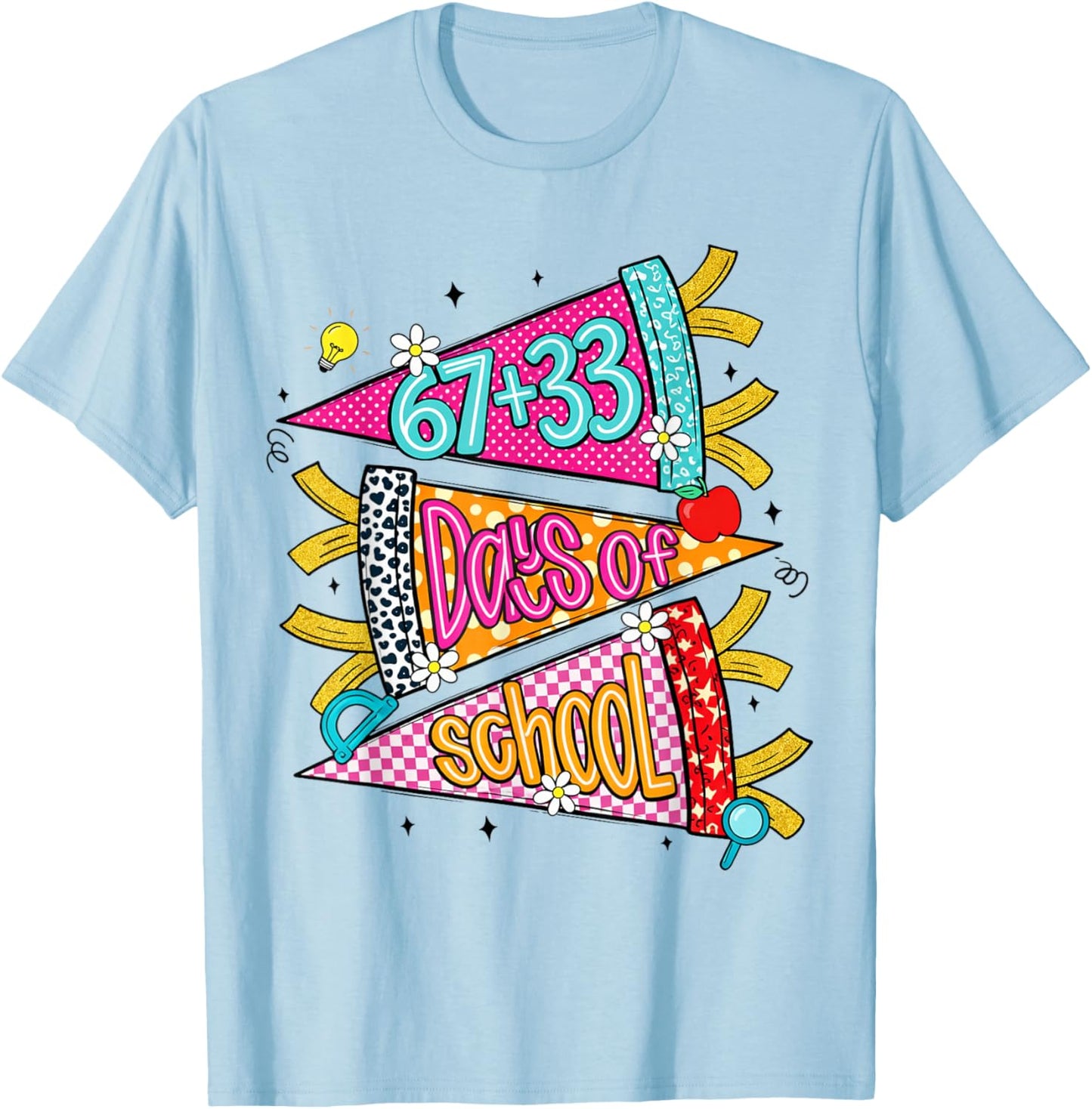 Preppy 67+33 Days of School Cheer 100 Days Teachers T-Shirt - T-Shirt | Light Blue