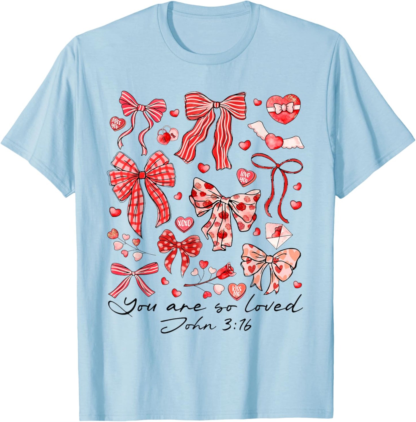 You are So Loved John 3:16 Christian Coquette Pink Bow T-Shirt - T-Shirt | Light Blue