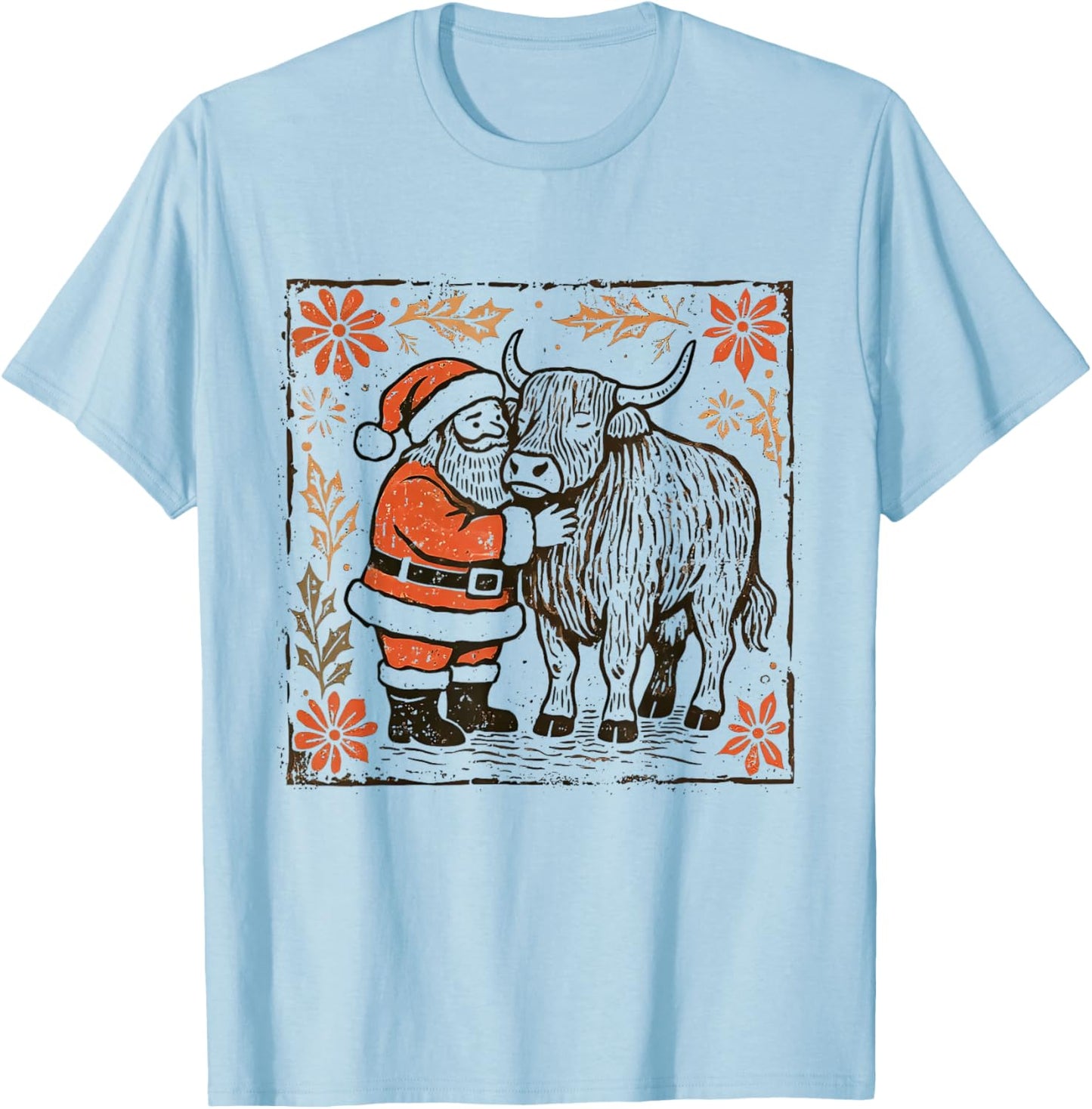 Boho Floral Western Christmas Santa Claus Highland Cow Xmas T-Shirt - T-Shirt | Light Blue