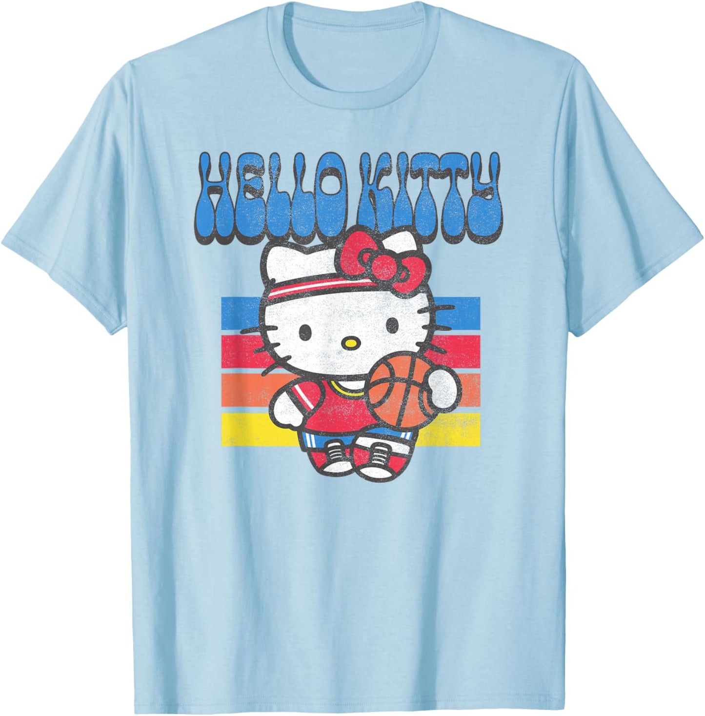 Hello Kitty Retro Sports Basketball Athletic Rainbow Stripes T-Shirt - T-Shirt | Light Blue