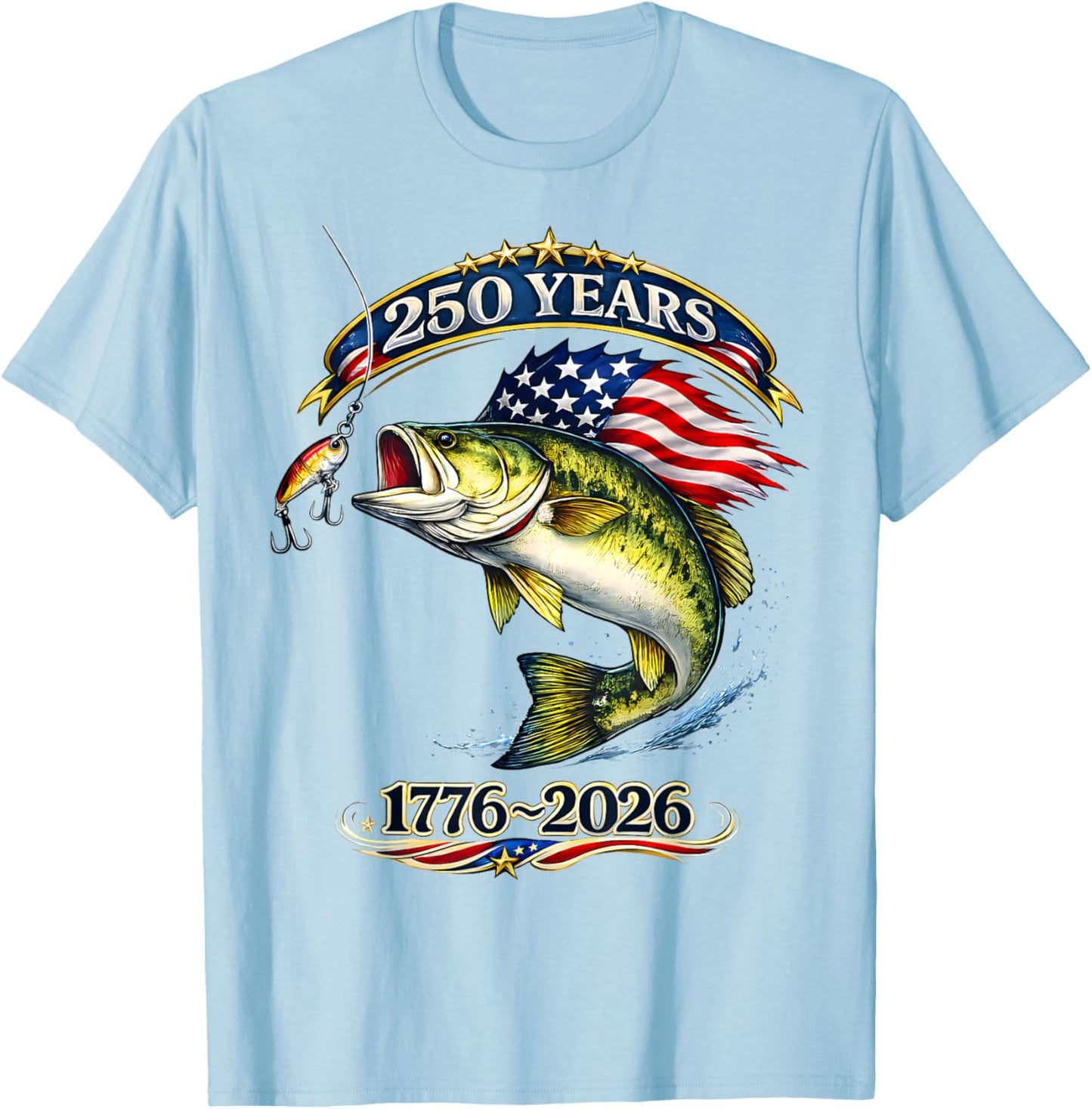 Patriotic Bass Fish and Flag 250 Years Fishing T-Shirt - T-Shirt | Light Blue