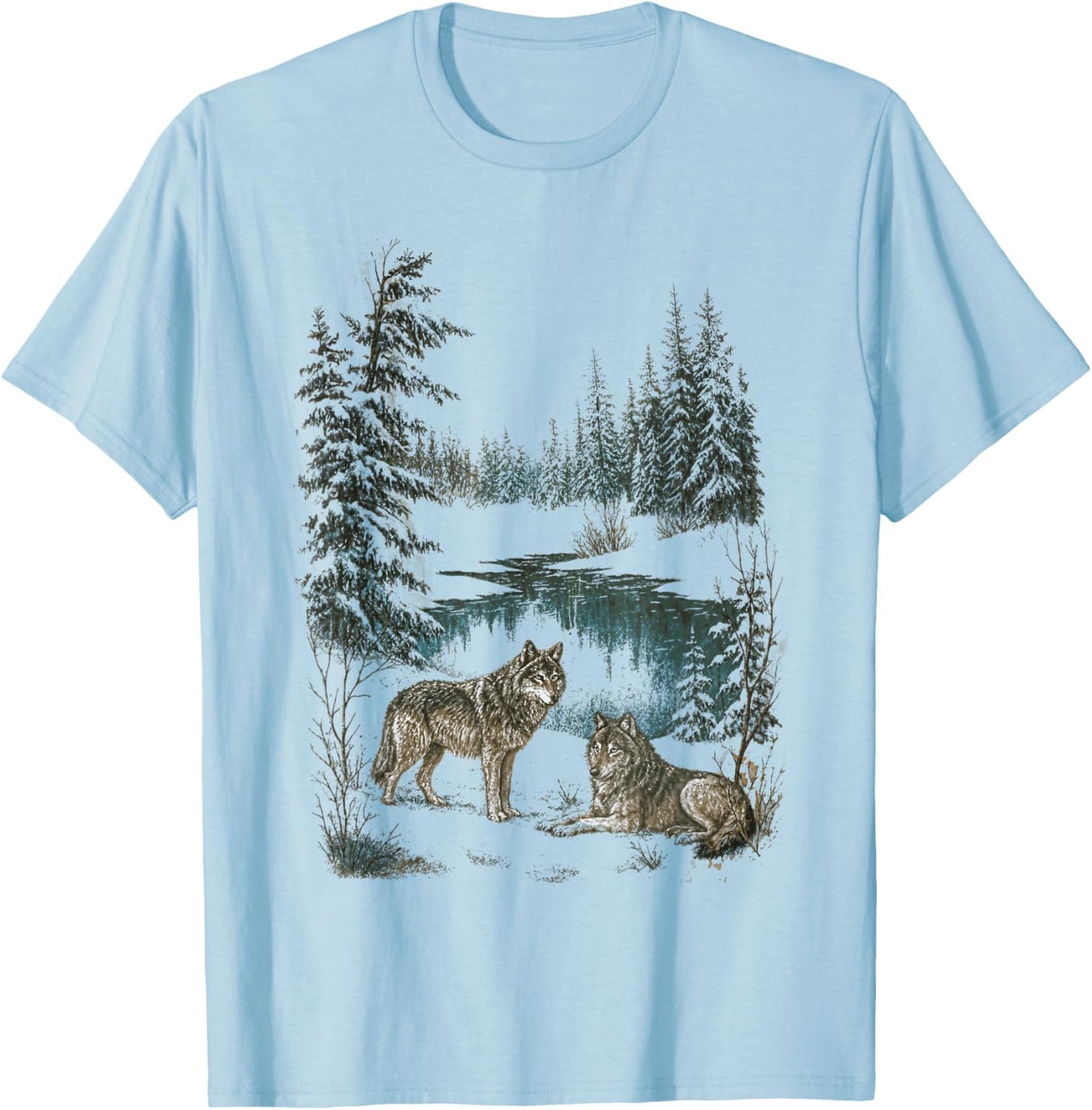Retro Wolf 90s Forest Nature Vintage Wildlife Lovers Animal T-Shirt - T-Shirt | Light Blue