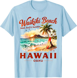 Waikiki Beach Hawaii Oahu Sand Surf Sunshine Art T-Shirt - T-Shirt | Light Blue