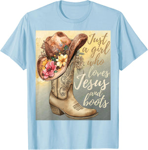 Jesus Loving Girl and Boots Country Faith Design T-Shirt - T-Shirt | Light Blue