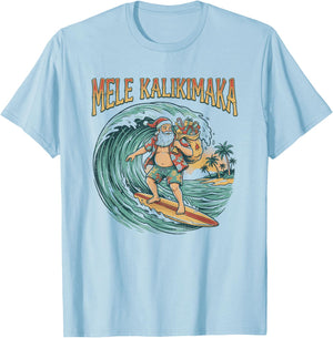 Mele Kalikimaka Hawaiian Christmas Surfing Santa T-Shirt - T-Shirt | Light Blue