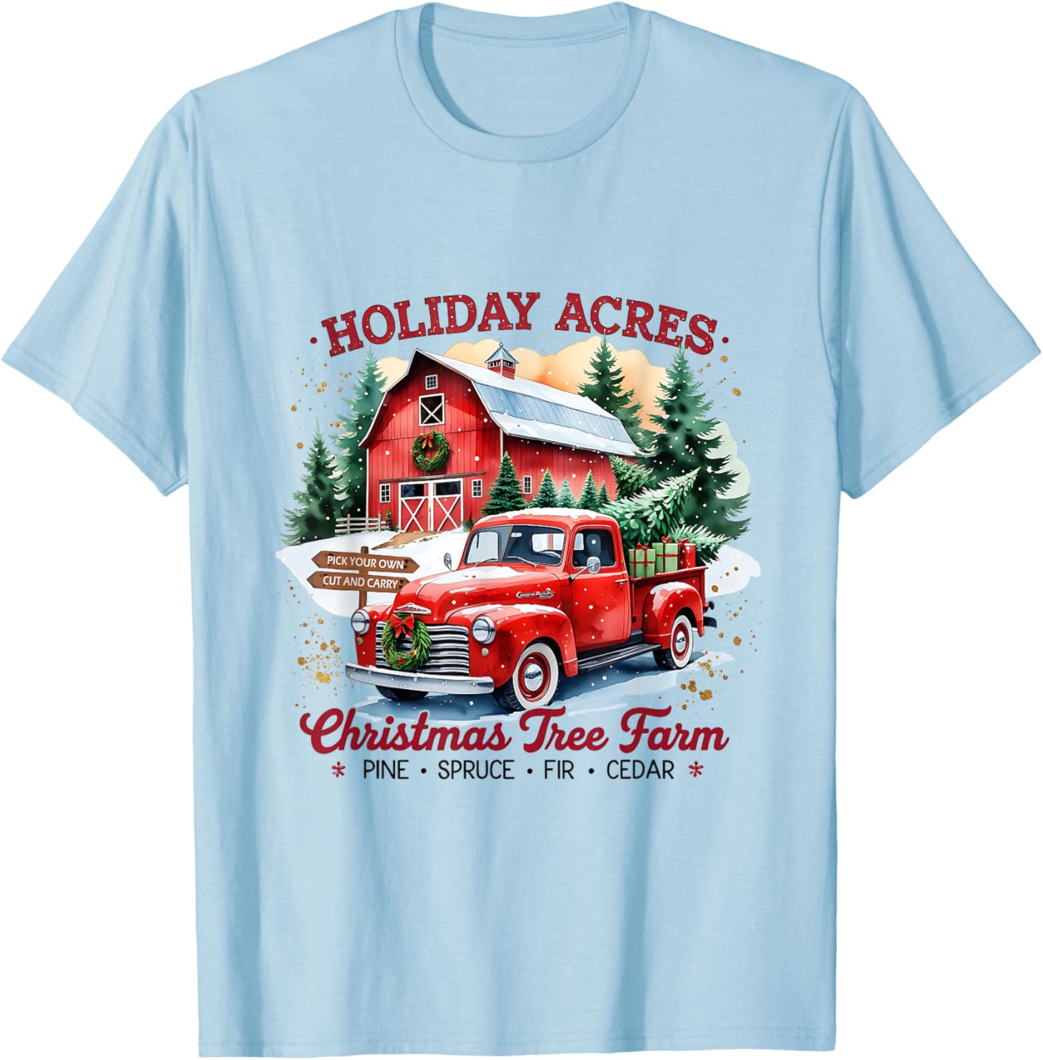Vintage Red Truck Holiday Acres Christmas Tree Farm T-Shirt - T-Shirt | Light Blue