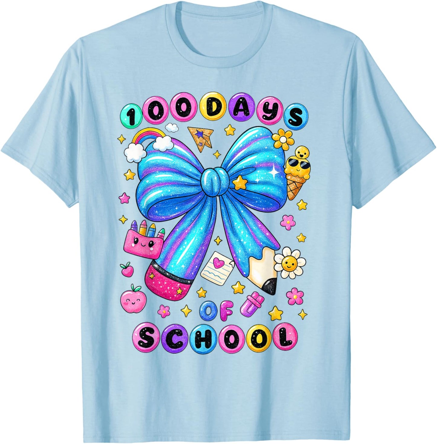 100 Days of School Bow Pencil Preppy Teacher Girl Kid T-Shirt - T-Shirt | Light Blue