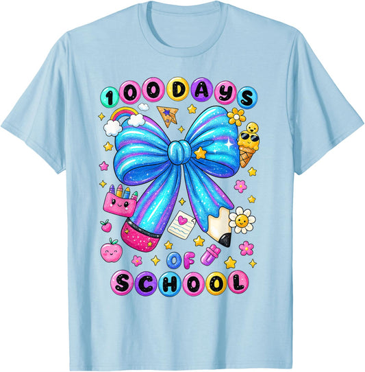 100 Days of School Bow Pencil Preppy Teacher Girl Kid T-Shirt - T-Shirt | Light Blue