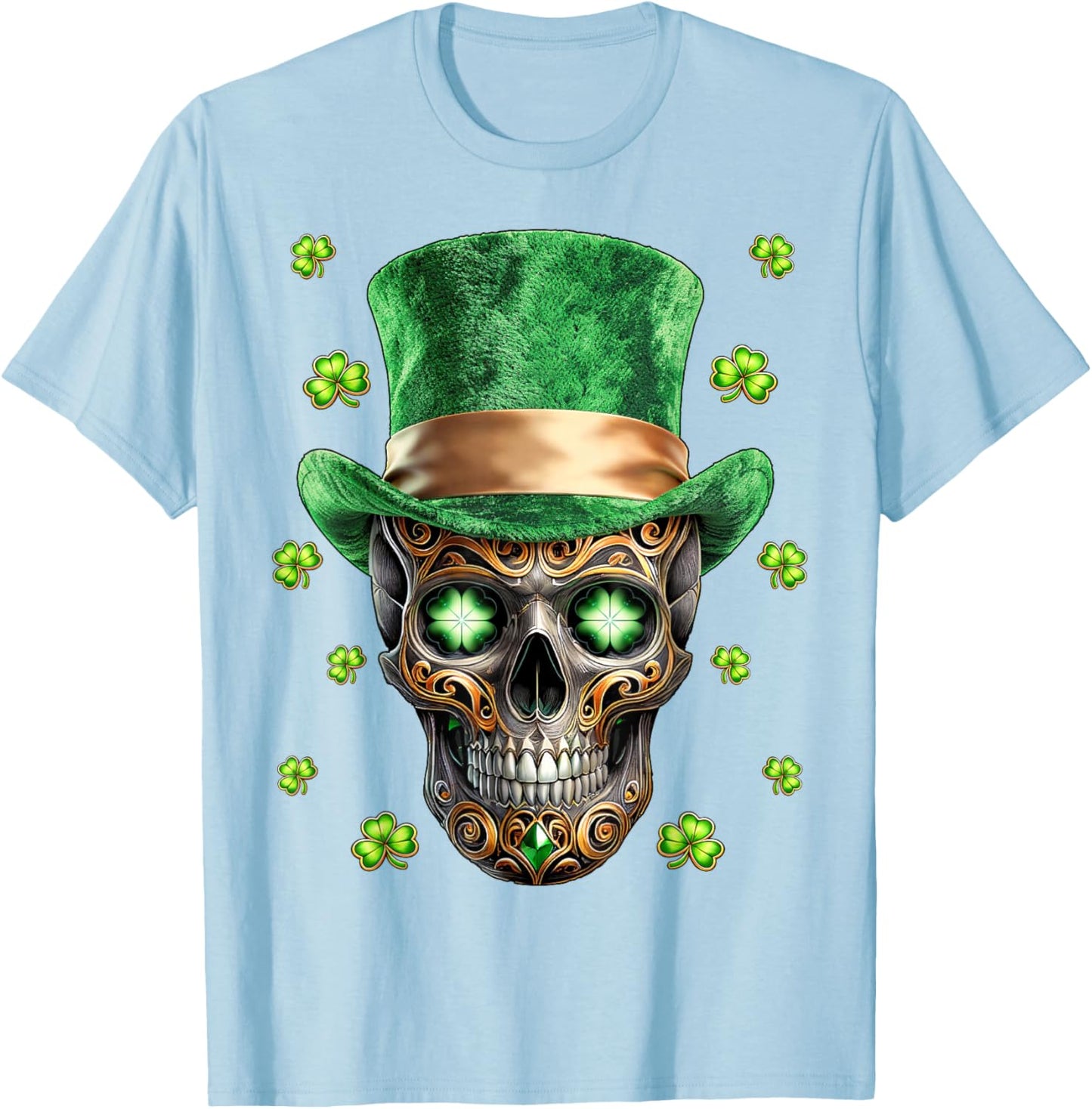 Skeleton Skull St. Patrick’s Day Leprechaun Shamrock Irish T-Shirt - T-Shirt | Light Blue