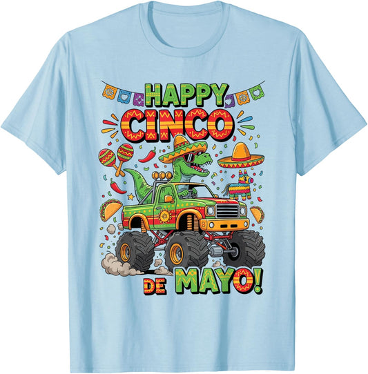 Happy Cinco De Mayo TRex Monster Truck Sombrero Dino Kids T-Shirt - T-Shirt | Light Blue