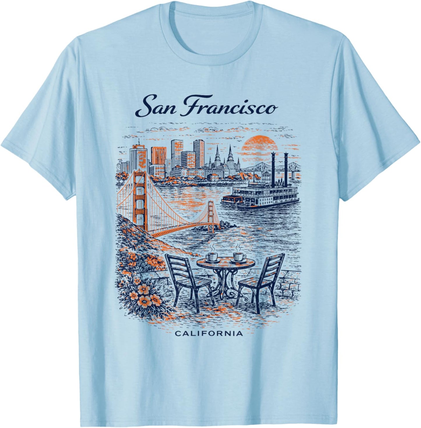 San Francisco Vintage Travel Scenic Illustration T-Shirt - T-Shirt | Light Blue