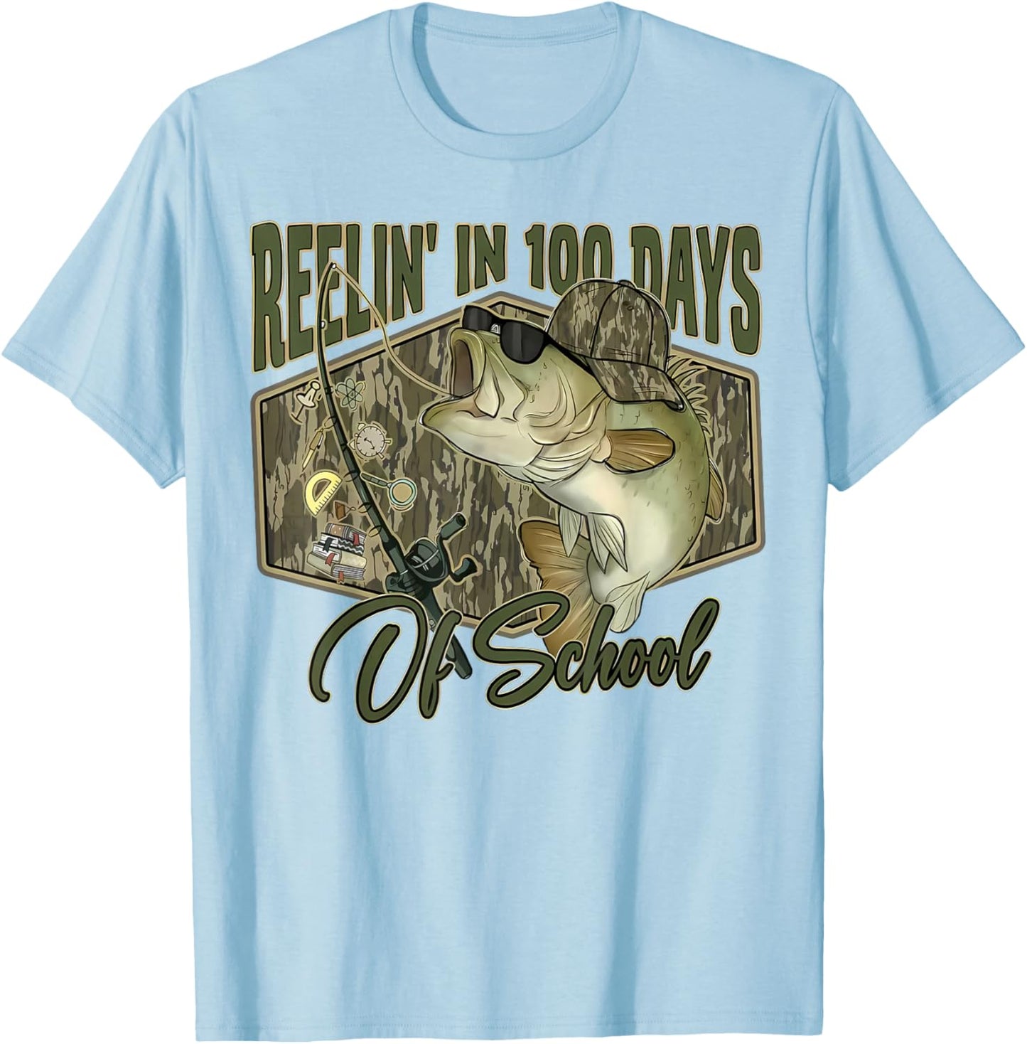 Retro Reelin’ in 100 Days of School Camo Bass Fishing Boys T-Shirt - T-Shirt | Light Blue