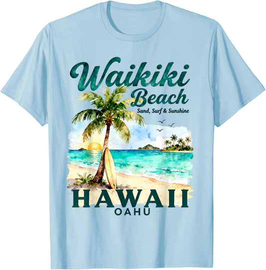 Waikiki Beach Hawaii Oahu Sand Surf Sunshine Art T-Shirt - T-Shirt | Light Blue