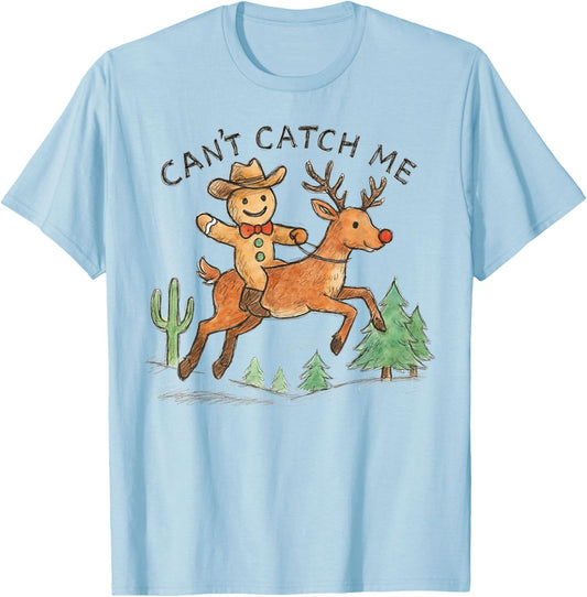 Can't Catch Me Cowboy Gingerbread Man Christmas T-Shirt - T-Shirt | Light Blue