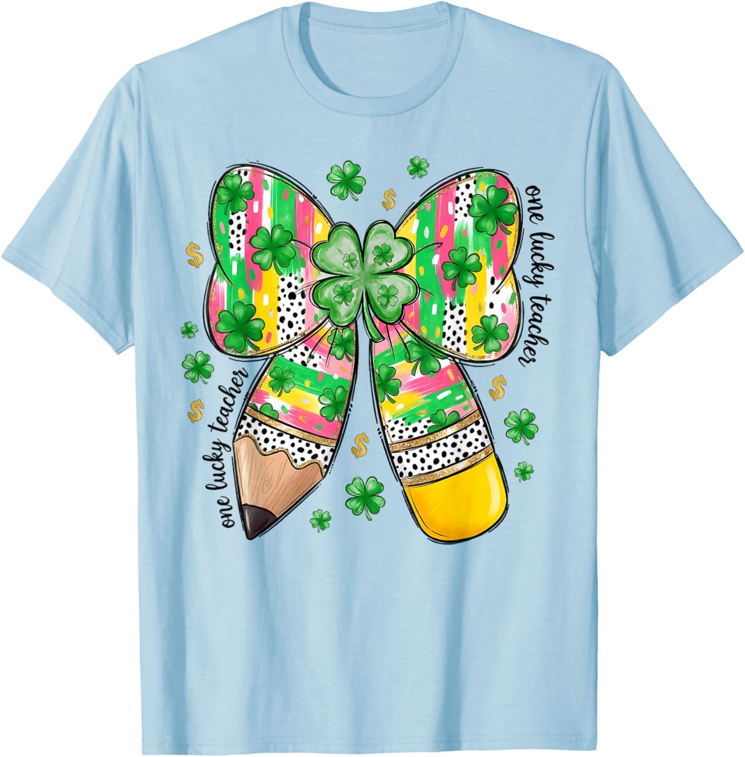 One Lucky Teacher St Patrick's Day Coquette Pencil Shamrock T-Shirt - T-Shirt | Light Blue