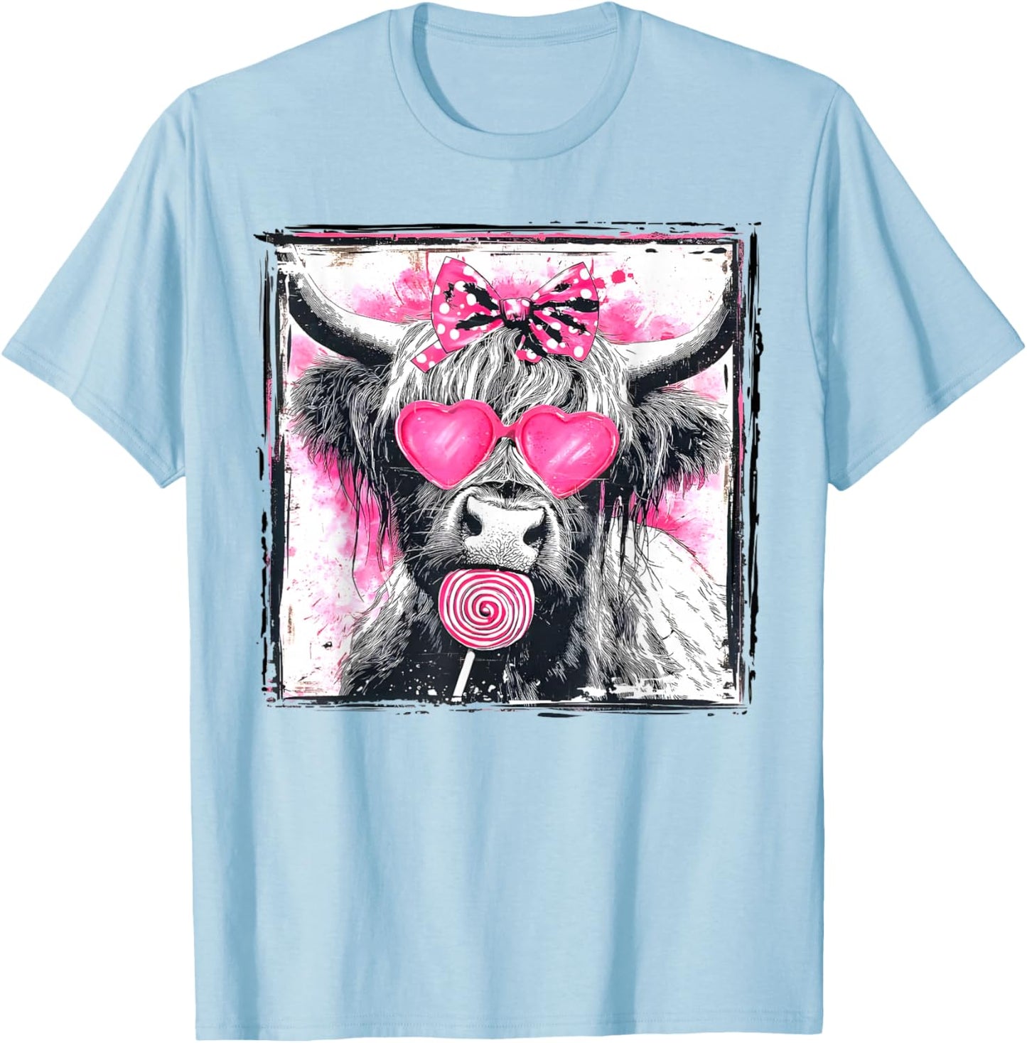 Vintage Cute Lollipop Highland Cow Bow Valentine Pink Heart T-Shirt - T-Shirt | Light Blue