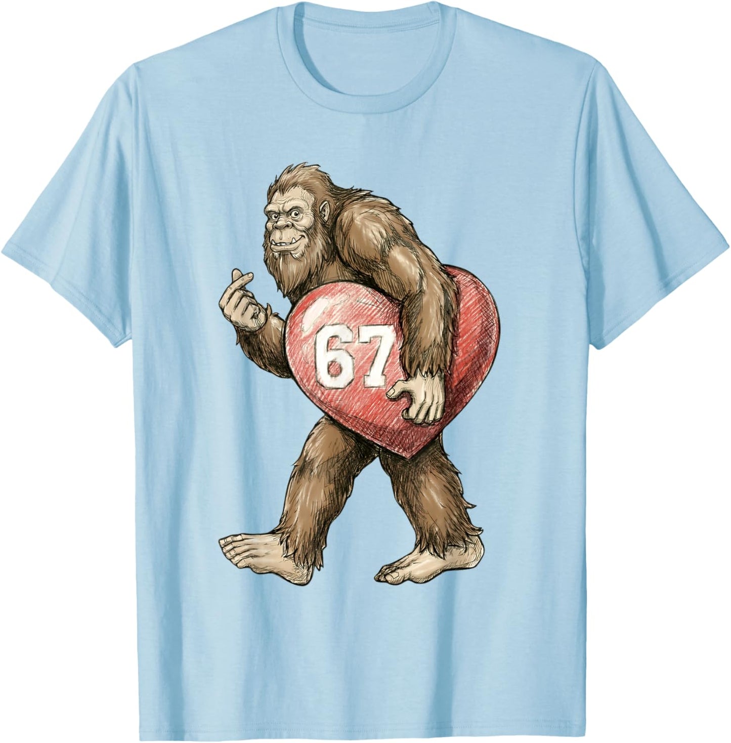 Valentine’s Day Bigfoot 67 Meme Funny Six Seven 67 Valentine T-Shirt - T-Shirt | Light Blue