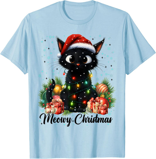 Moewy Christmas Black Cute Cat Santa Hat Xmas Women Girl T-Shirt - T-Shirt | Light Blue