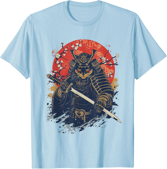 Kawaii Samurai Cat Print Graphic Women T-Shirt - T-Shirt | Light Blue